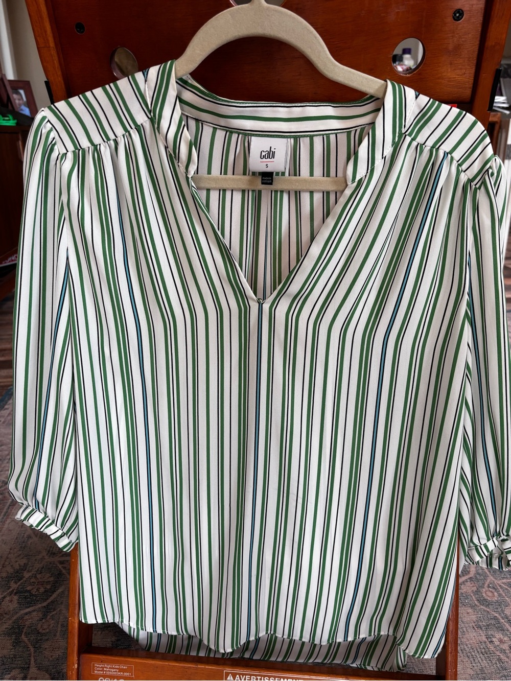 CAbi White Blouse with Green and Navy Stripes